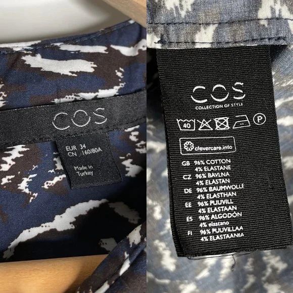 SOLD COS Blue Maroon Print Top Blouse Size 34 6 Cotton Frill Ruffle Long Sleeve - Picture 9 of 9